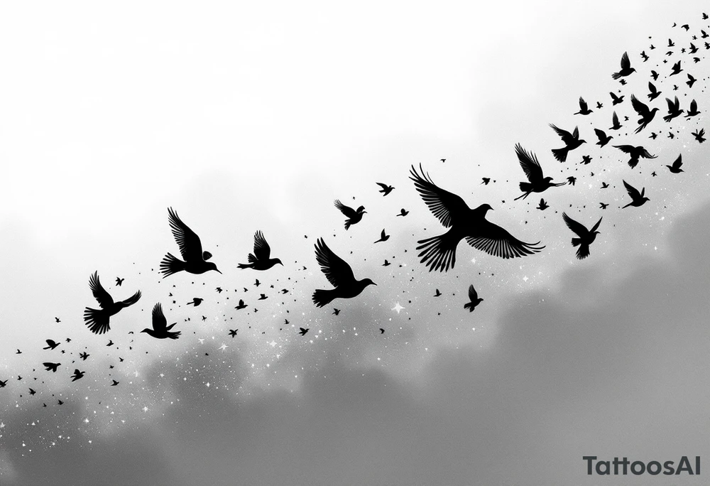 Flock of birds in flight across a fading sky – A dynamic group of birds soaring in various stages of flight, moving from the wrist toward the shoulder (or across the back). The birds start as detailed silhouettes in rich black and gradually become lighter and more abstract, as if dissolving into the wind. The background features a soft gradient from warm gray to pale sky blue, giving the impression of early dawn or a dreamlike escape. tattoo idea
