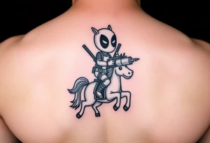 Deadpool riding cartoon unicorn holding rocket propelled grenade launcher tattoo idea