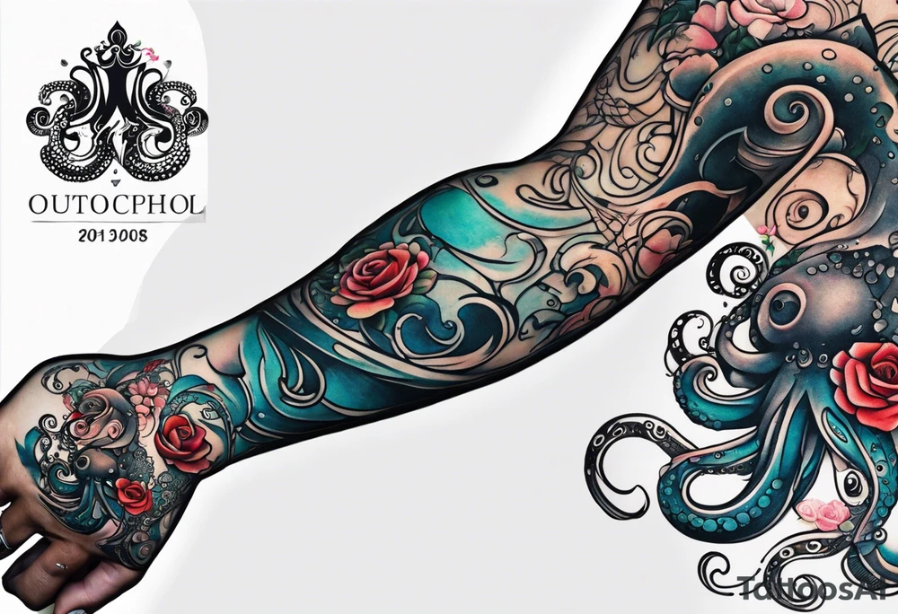 abstract gender-neutral Octopus Arm Sleeve tattoo with subtle facial features, a small rose, water swirls tattoo idea
