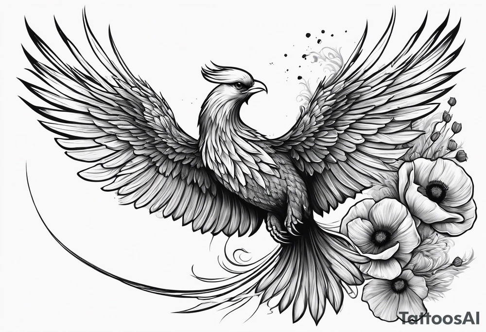 elongated phoenix in flight 
in profile long tail with claws holding poppies falling tattoo idea