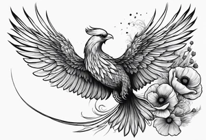 elongated phoenix in flight 
in profile long tail with claws holding poppies falling tattoo idea