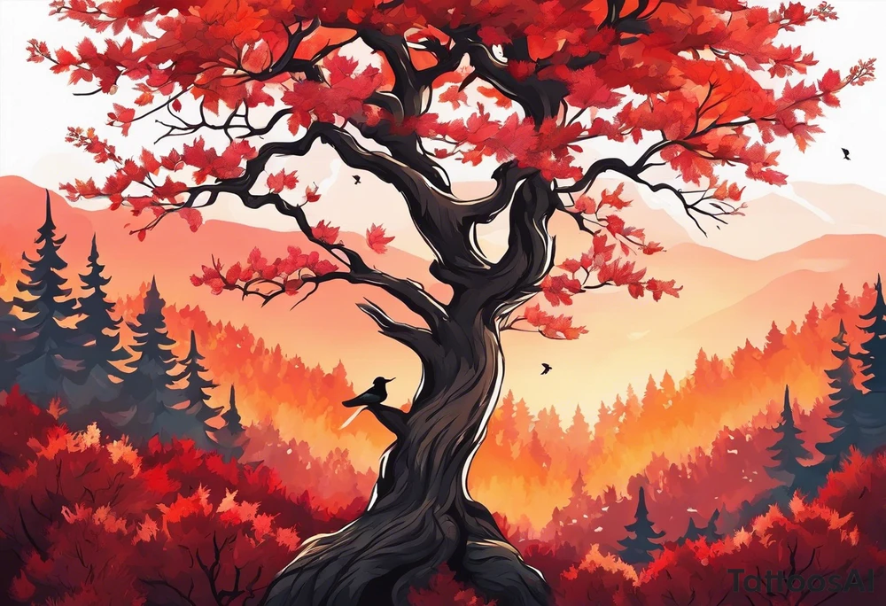 full left arm. Long tattoo A maple tree with red autumn leaves that branches upwards. White-throated dipper bird on the trees branches. Calluna flowers at the base of the trees stem. Tree stem has dark colors. Red/yellow sunset behind the trees stem. Leaves falling. tattoo idea