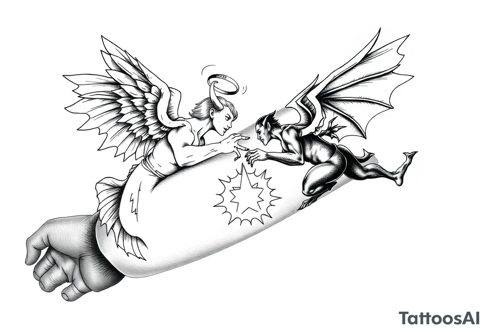 white angel and black devil flying at each other, fighting over a halo tattoo idea