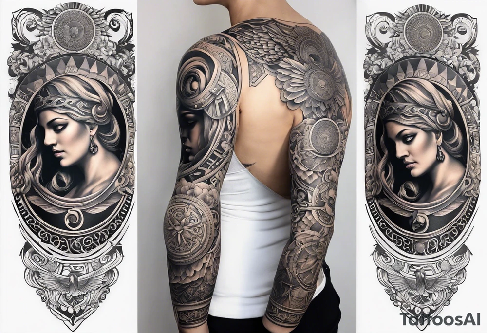 A full tattoo sleeve inspired by Greek mythology, featuring the Greek goddess Athena as the centerpiece. Athena is depicted with a commanding and noble presence, embodying wisdom, strength, and strategy. The design should be less dark and heavily shaded, instead focusing on clean lines and balanced contrasts to highlight the intricate details. Surrounding Athena, incorporate a mandala effect with geometric patterns that complement her symbolism of wisdom and warfare. The sleeve also includes elements such as an owl (Athena’s sacred animal), olive branches, and a warrior’s helmet, seamlessly integrated into the design to enhance the theme. The overall aesthetic is bold and strong, yet refined, with a focus on clear, powerful imagery that conveys a sense of wisdom, protection, and courage. tattoo idea