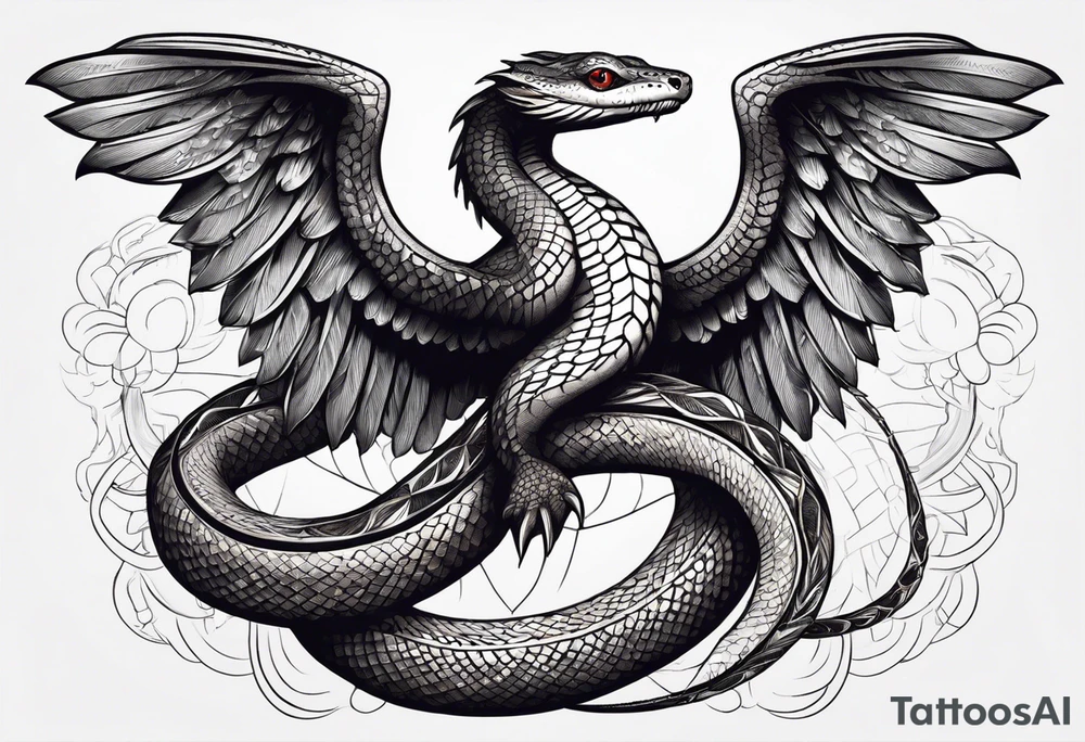 A detailed depiction of a snake with a radiant halo above its head and elegant wings extending from its sides. tattoo idea