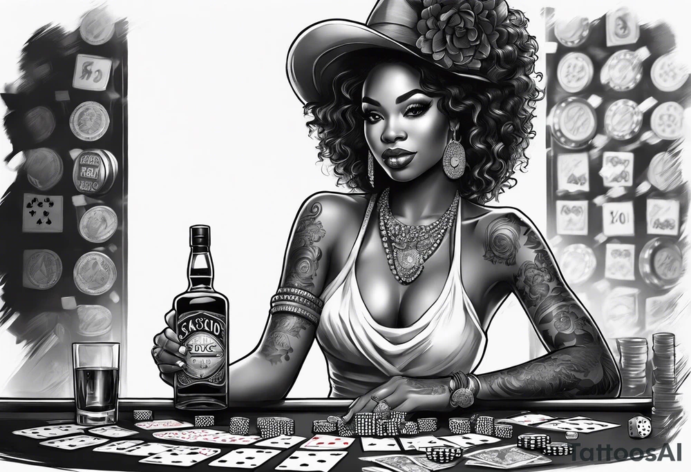 black woman with dice, cards, whiskey. and casino chips tattoo idea