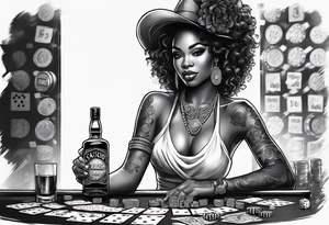 black woman with dice, cards, whiskey. and casino chips tattoo idea