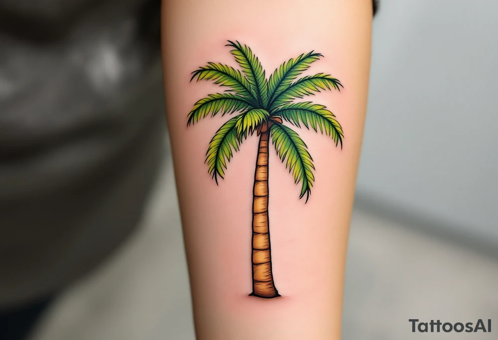 A tall, slender palm tree with a textured sandy-brown trunk and wide, vibrant green fronds gently arching outward. tattoo idea