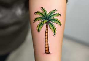 A tall, slender palm tree with a textured sandy-brown trunk and wide, vibrant green fronds gently arching outward. tattoo idea