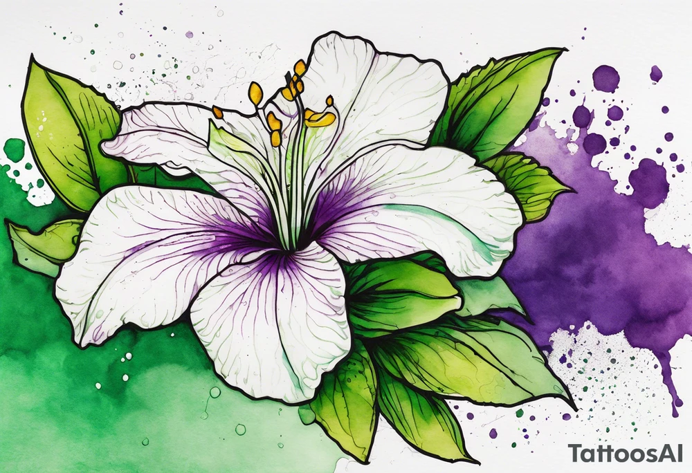 An outline of an only green rio dipladenia flower and a green and purple watercolor splash in the background tattoo idea
