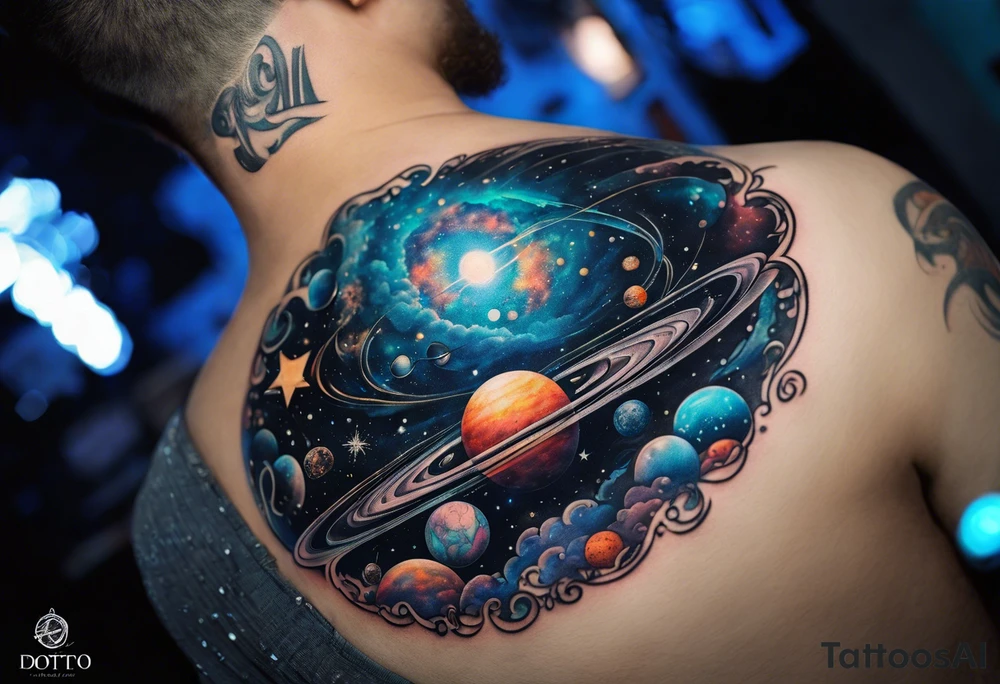 A tattoo featuring a cosmic scene with planets, black holes, and supernovae intertwined with intricate linguistic symbols, reflecting the client's interests in cosmology and linguistics. tattoo idea