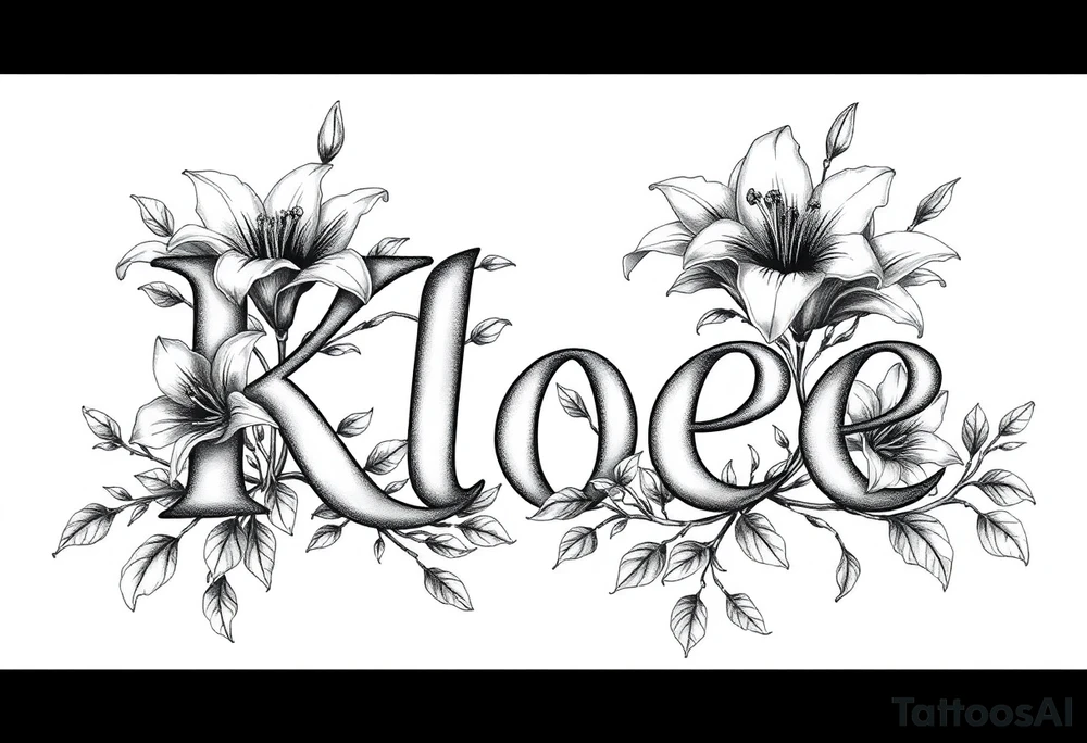 The word Kloee surrounded by big
lilies with the vines in letters tattoo idea