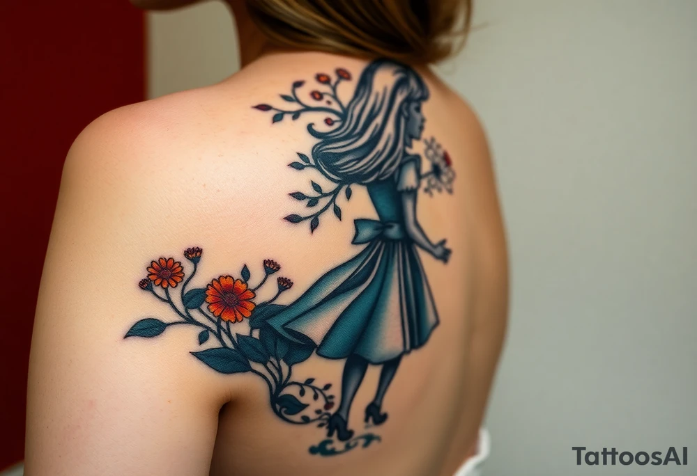 Alice in wonderland's back silhouette entering a garden. There is a orange tree, and flowers there. tattoo idea