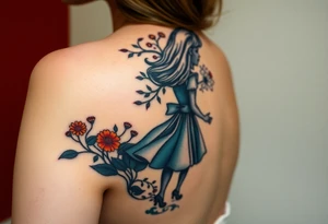 Alice in wonderland's back silhouette entering a garden. There is a orange tree, and flowers there. tattoo idea