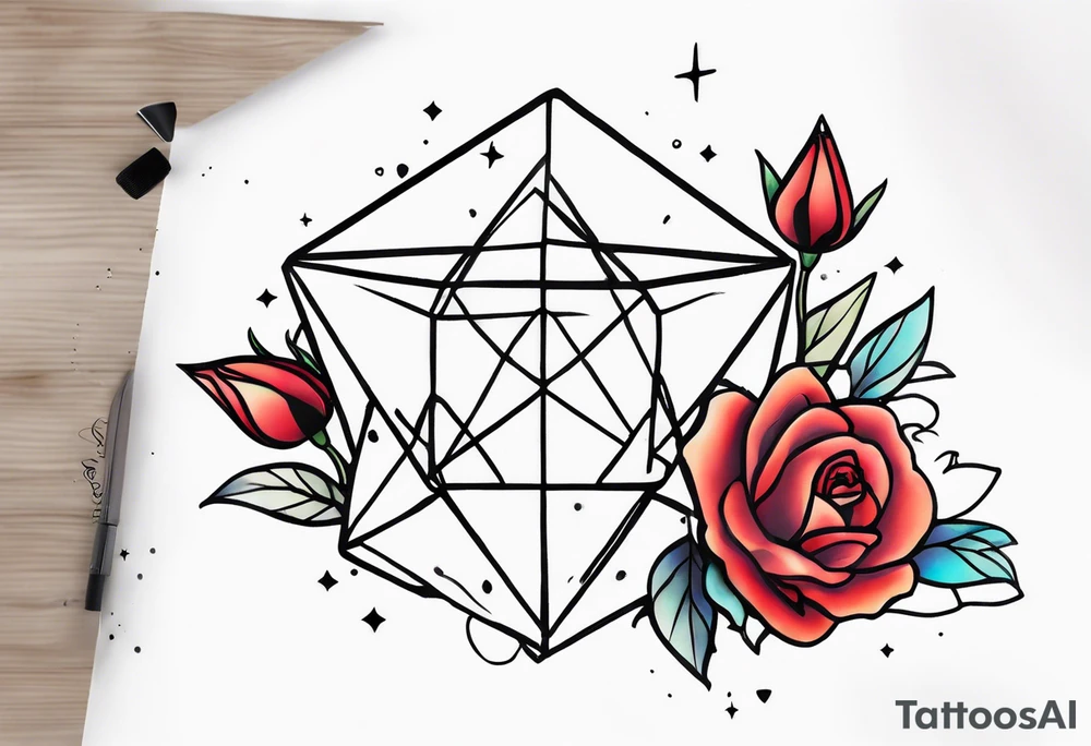 Tesseract with clouds small roses and stars around it tattoo idea