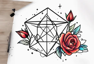 Tesseract with clouds small roses and stars around it tattoo idea