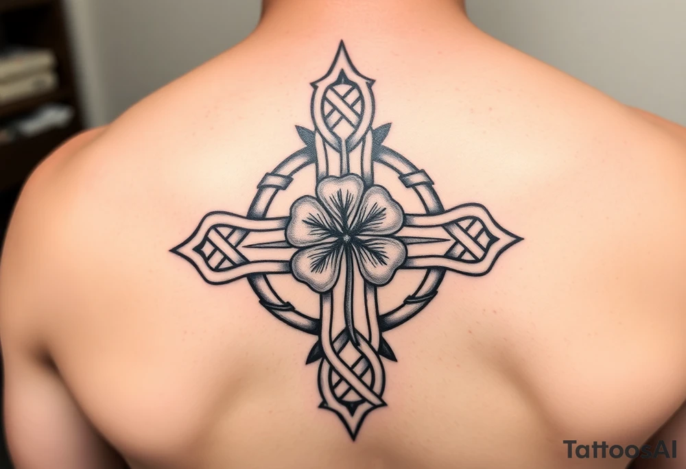 an irish inspired celtic tattoo adding celtic knots surrounding a celtic cross with a four leaf clover in the middle tattoo idea