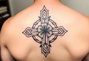 an irish inspired celtic tattoo adding celtic knots surrounding a celtic cross with a four leaf clover in the middle tattoo idea