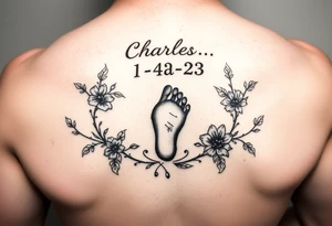 Baby footprint with the name Charles above it and the date 1- 14-23 below it surrounded by floral Vines tattoo idea