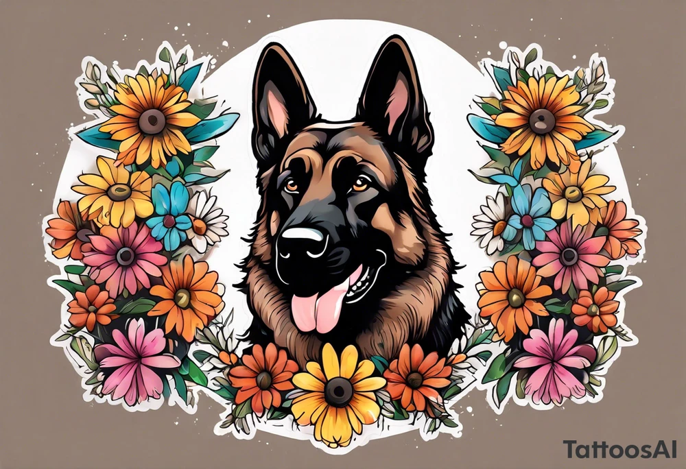 Dark Brown female German shepherd portrait surrounded by  colorful daisies tattoo idea