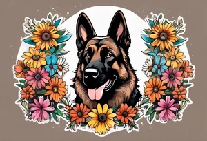 Dark Brown female German shepherd portrait surrounded by  colorful daisies tattoo idea