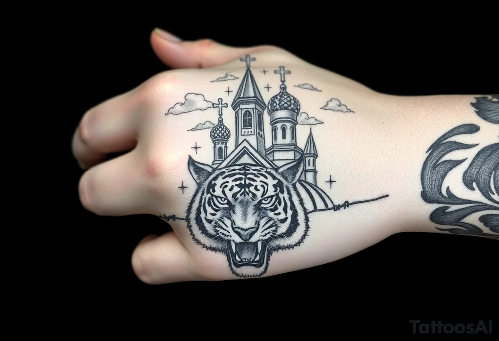 Mean looking tiger on the hand with barb wire at the bottom and then above the tiger do a traditional Russian Orthodox Church with the orthodox traditional cross as the spire in clouds then Virgin Mary above overlooking with hands together on heart tattoo idea