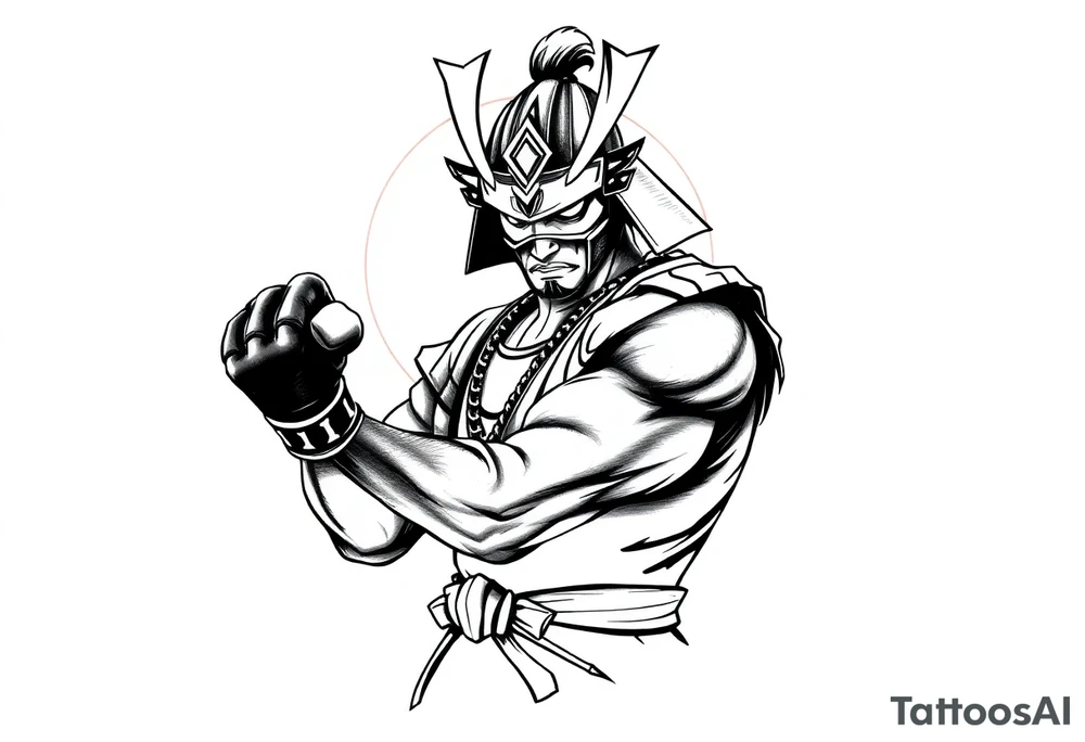 noble samurai warrior silhouette at sunset with boxing gloves tattoo idea