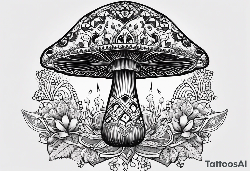 Black mushroom tattoo with henna style mandala design surrounding it tattoo idea
