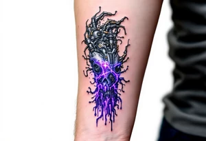 A biomechanical structure crawling up from the palm in brushed aluminum, surrounded by glowing violet circuitry and torn muscle detail. tattoo idea