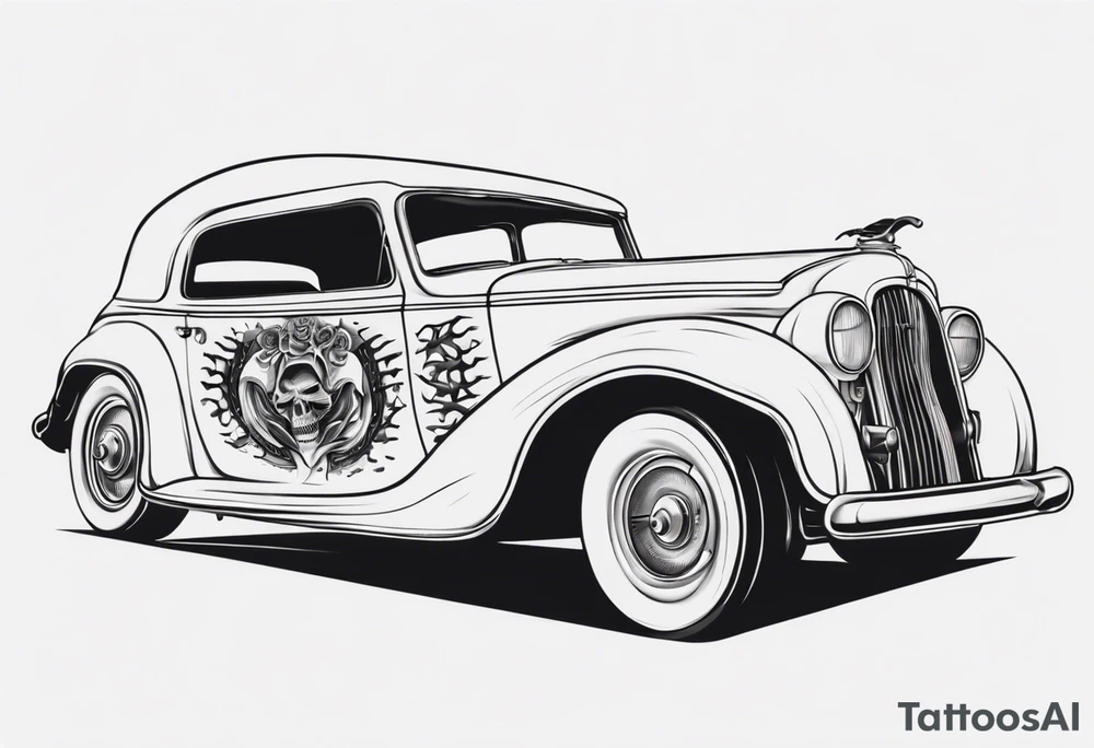 Vintage classic car with skeleton coming from the bonnet tattoo idea