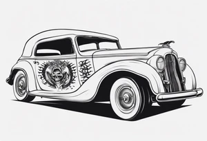 Vintage classic car with skeleton coming from the bonnet tattoo idea