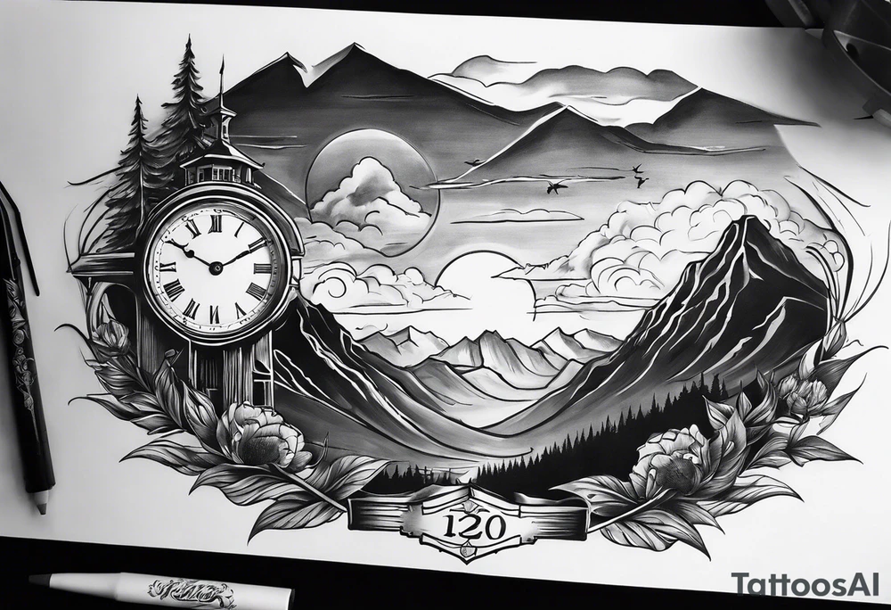 Half sleeve. View from the base of the mountains looking up to the sun. The sun is a clock that reads 12:01 to signify a new day. I want a clock tower in the middle of the mountains with the times my two sons were born. This tattoo represents overcoming massive obstacles and becoming a better person. tattoo idea
