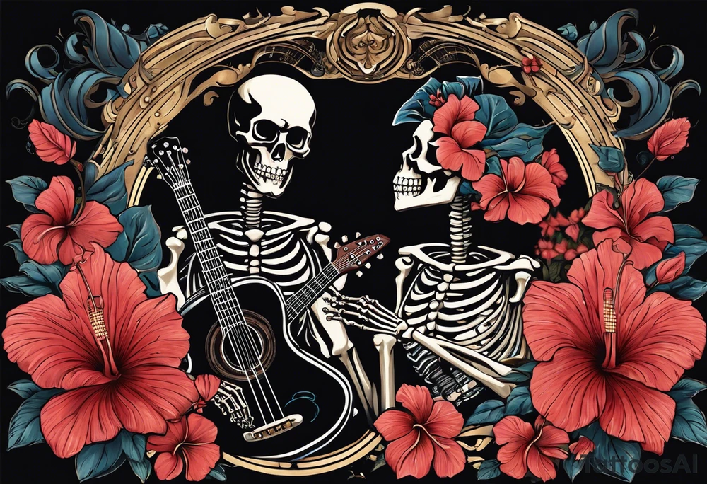 Generate a tattoo design featuring two skeletons: a female skeleton holding a hibiscus flower and a male skeleton playing a guitar. The scene should capture a moment of connection between the two, with the female skeleton attentively listening to the music played by the male skeleton. Emphasize the details of the hibiscus flower, the expressions on the skeletons' faces, and the fluidity of the music being played on the guitar. tattoo idea