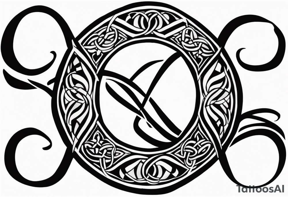 "Cheers Mate" text black and grey ink armband +Celtic +grey Cancer Ribbon +tribal +artistic tattoo idea