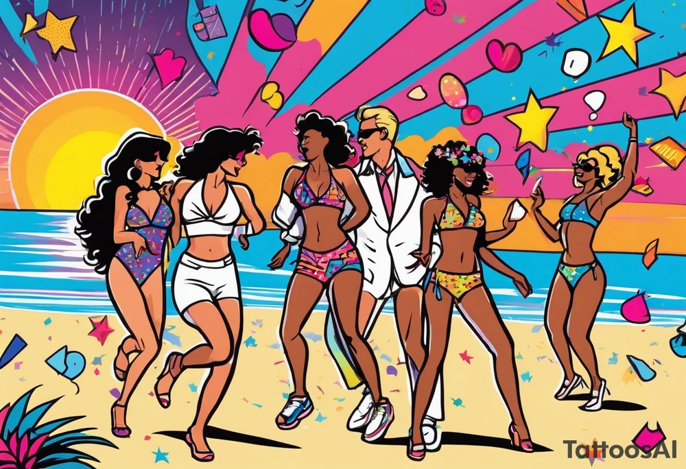 1980's miami vice style beach dance 
party, include confetti, music notes, boom box, SILHOUETTE bikinis sunset in the center tattoo idea