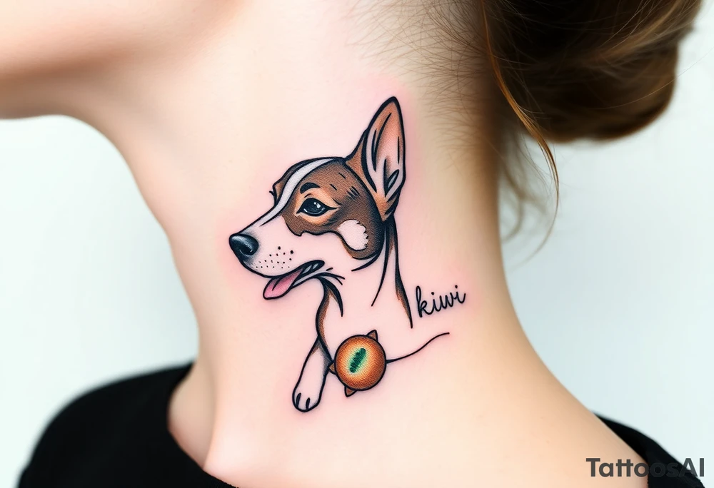 One line tattoo of female dog with white strip going up dog’s snout slightly off centered. With  toy and the dogs tongue slightly out and the name kiwi and an Aquarius them to it . Just the colors black  white brown and green tattoo idea