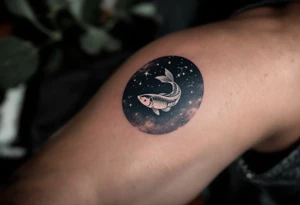 The Pisces zodiac sign floats beneath a delicate constellation drawn in pearlescent ink over a night-sky backdrop. tattoo idea