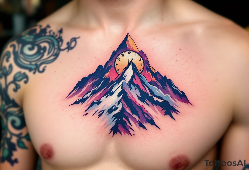 A mountain peak forming the numbers of a clock, bathed in sunrise pinks and purples, representing the climb through life’s challenges. tattoo idea