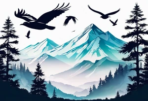 A mountain scape with trees. 5 silhouettes of birds. tattoo idea