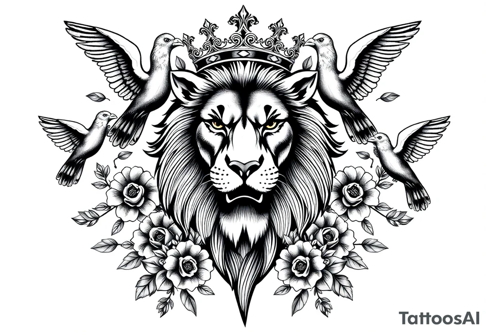 powerful majestic lion with a crown, surrounded by floral ornaments and birds tattoo idea