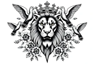 powerful majestic lion with a crown, surrounded by floral ornaments and birds tattoo idea