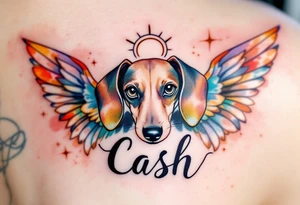 Dachshund ears between wings with a halo above and the name Cash tattoo idea