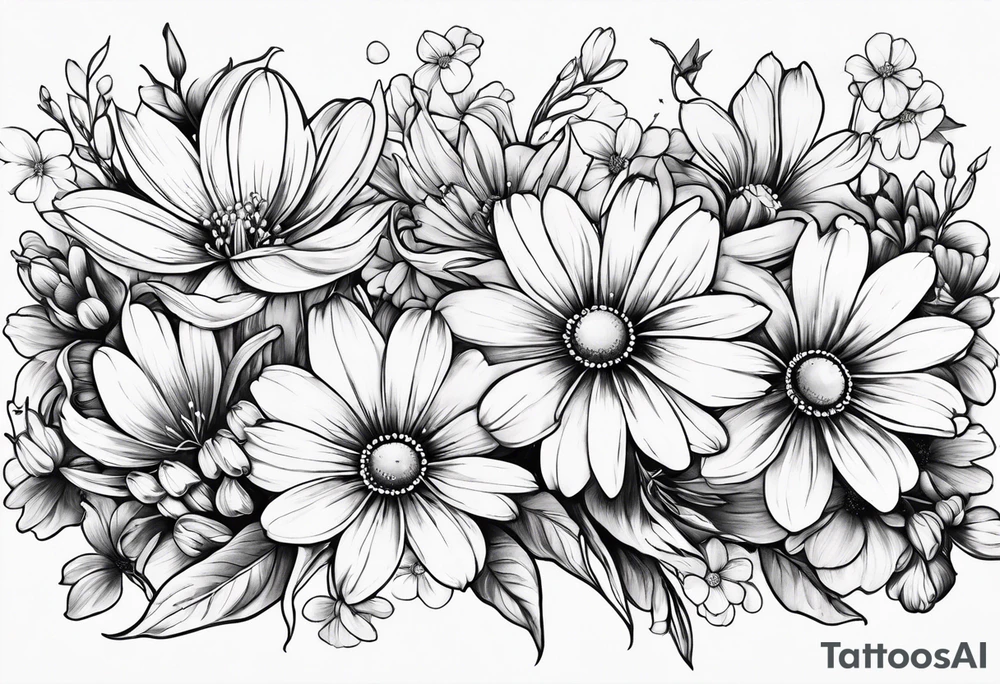 Honeysuckle, daisys,cosmos,and snowdrop sleeve tattoo tattoo idea