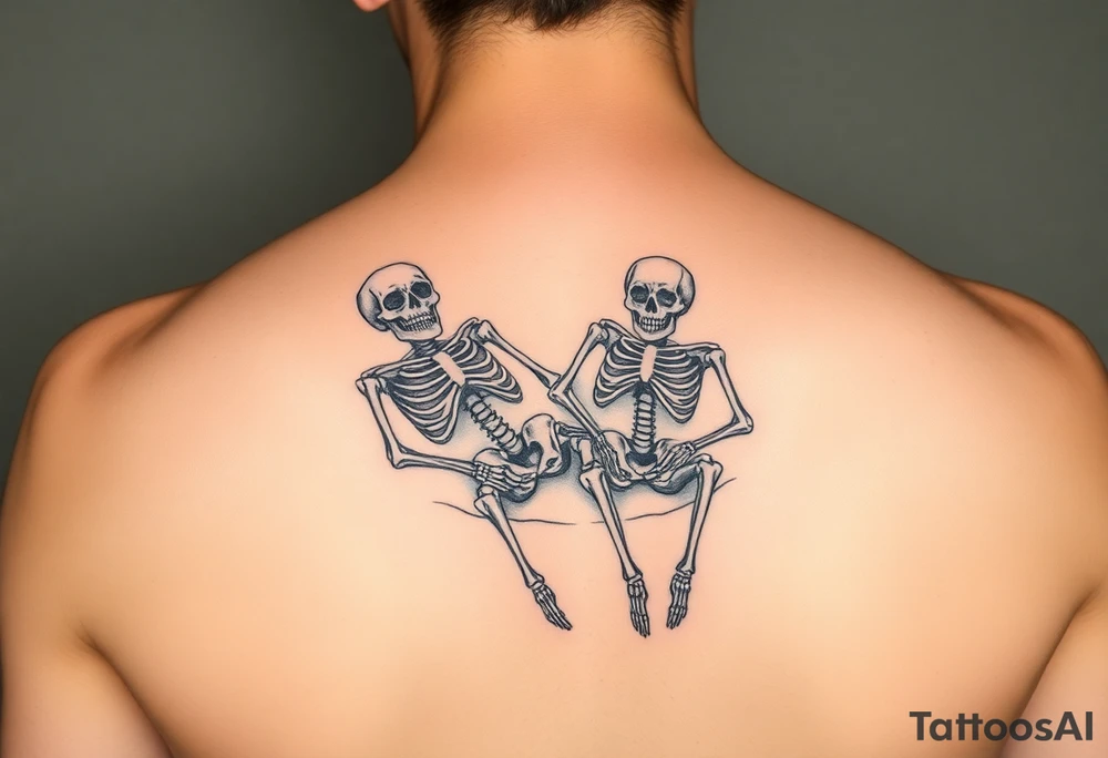 2 skeletons lying in a bed together in a traditional style tattoo idea