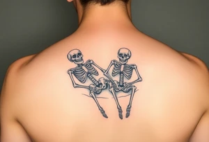 2 skeletons lying in a bed together in a traditional style tattoo idea