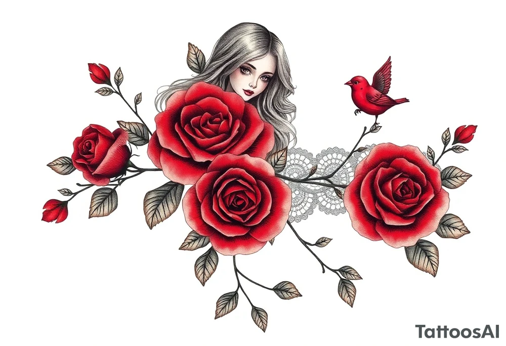 Vintage dollies, red roses, lace, red bird, no people, vintage, lower wrap arm tattoo tattoo idea