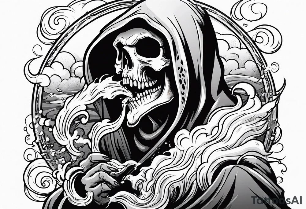 Reaper death seal, licking the life with his hand. With smoke clouds tattoo idea