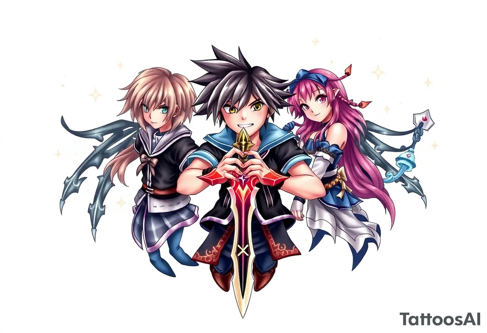 Exact Kingdom Hearts design featuring sora, kairi, riku together in a dynamic, united pose. The centerpiece should include the soras Keyblade, with a beautiful and ethereal dark Kingdom Hearts-inspired background—think glowing stars, floating islands, and stained-glass elements in backroung. The design should capture themes of friendship, light vs. darkness, and adventure. Style should be detailed, fantasy-oriented, and suitable for a large piece tattoo idea