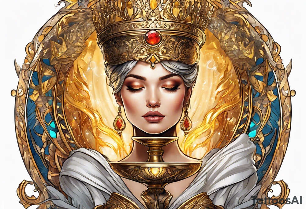 woman holding chalice surrounded by golden halo tattoo idea