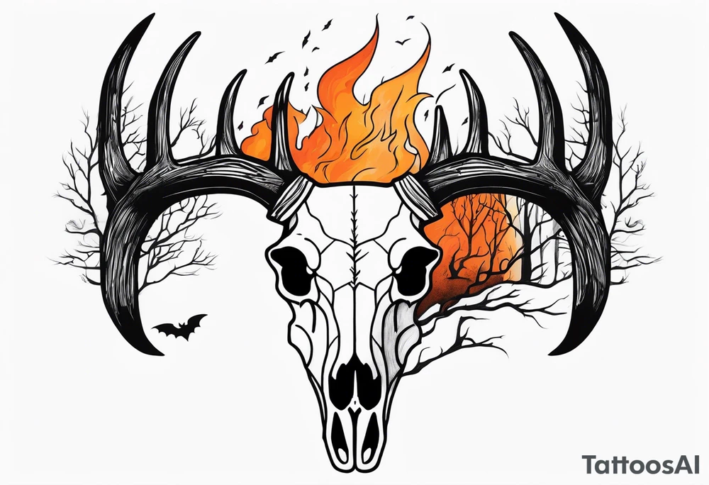 Halloween side view of a DECAYING deer skull JUST BONE surrounded by a forest fire in background tattoo idea